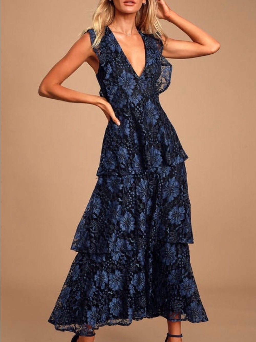 Lulu's Navy Blue Floral Lace V-Neck Tiered Maxi Dress